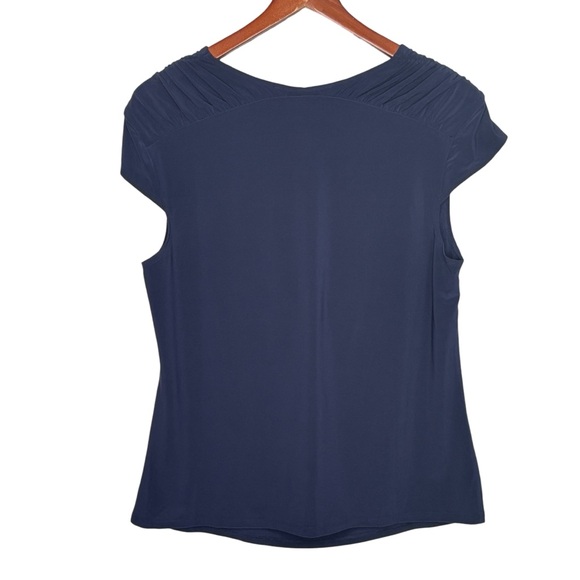 NEW WHBM Matte Jersey Draped Cowl Neck Shell Top Size L Officer Blue Cap Sleeve - Picture 3 of 10